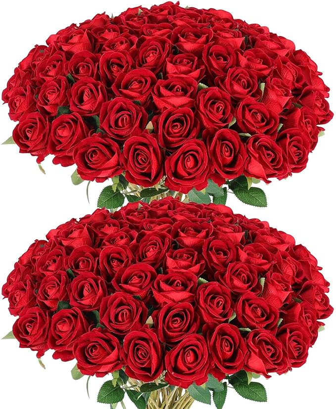 Rowfad 60 Pcs Artificial Roses Bulk Velvet Silk Red Rose Burgundy Roses for Wedding Centerpieces Bridal Bouquet Mohter's Day Valentine's Day Christmas Home Decor (60, Burgundy)