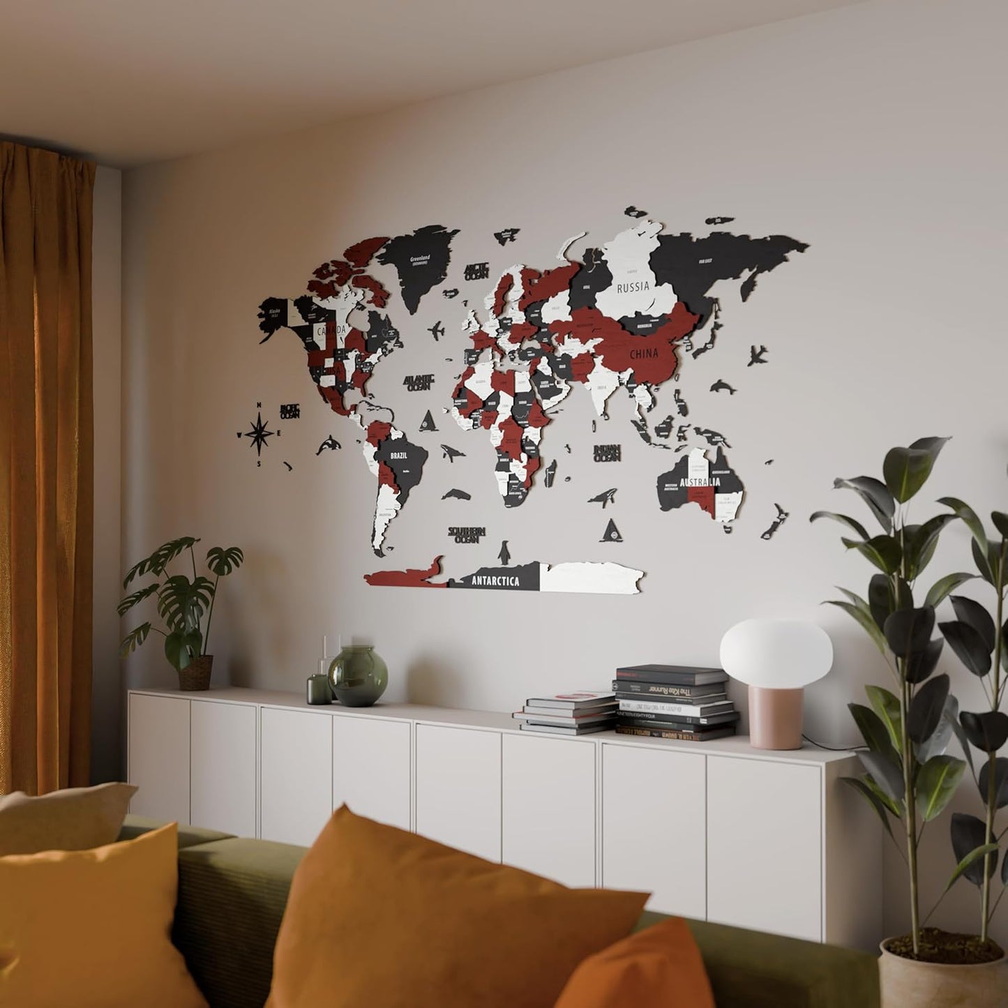 Colorfull Worlds 3D Wooden World Map Wall Art | Unique Wall Decor with Pins for Travel Enthusiasts | Home and Office Wall Décor | Burgundy | Large