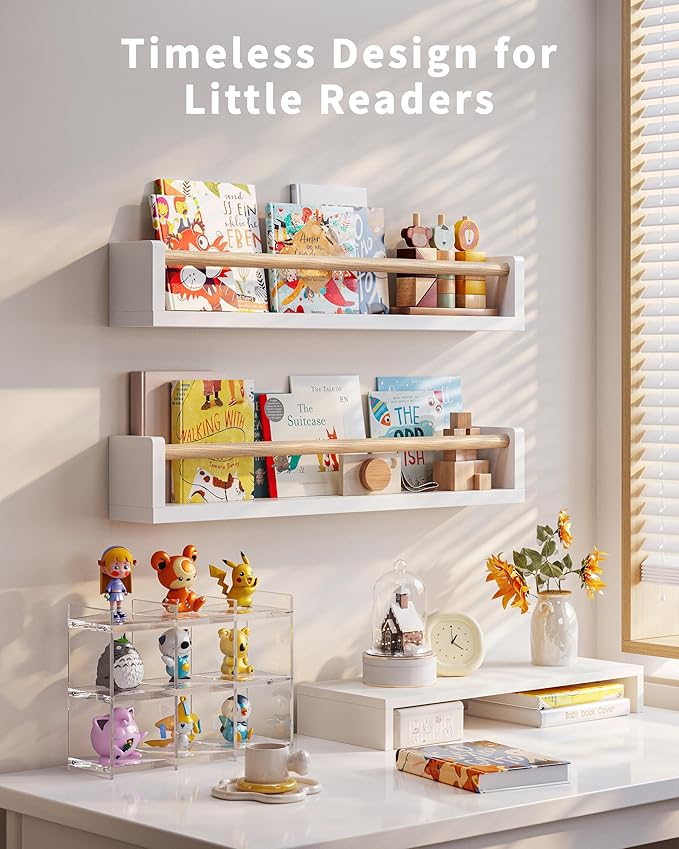 Seocry Nursery Book Shelves, 4 Pack, Wall Book Shelves for Kids Room, Baby, Toddler, Nursery Decor (White Wood, 23 Inches)