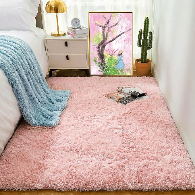 PAGISOFE Pink Fluffy Plush Area Rug 5x8, Kids Shag Rugs for Bedroom Girls, Living Room, Pastel Carpet Nursery Floor Girls Dorm Rug, Plush Soft Kids Rug for Room Decor Aesthetic Kawaii Pink Rugs
