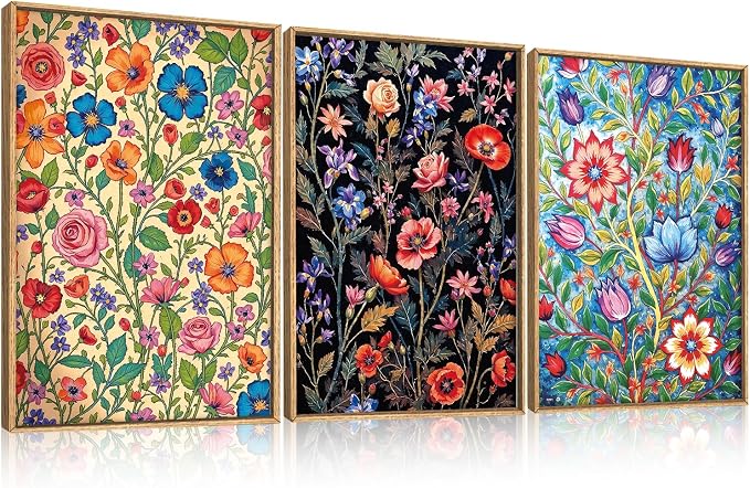 LHIUEM Large Vintage Botanical Flower Framed Canvas Wall Art,Abstract Colorful Wildflower Wall Decor,Rustic Bouquet Wall Painting,Poster Artwork for Living Room,Bedroom,Dining Room,Office -16"x24"x3