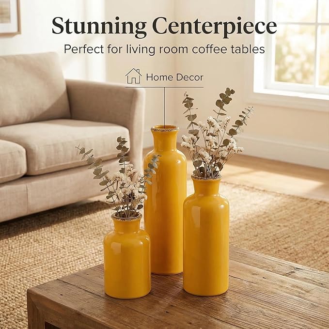 CwlwGO- Yellow Ceramic Vase Set,Modern Decorative Vases for Home Decor, Kitchen&Living Room Table Décor,Fireplace & Entrance centerpieces Decorations.