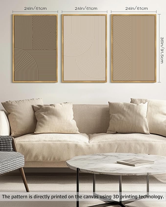 PHOPAGO Boho Mid-Century Modern Framed Wall Art Large 24x36in Minimalist Abstract Neutral Line Wall Decor Bohemain Geometric Artwork Bedroom Dining Room - Natural Framed