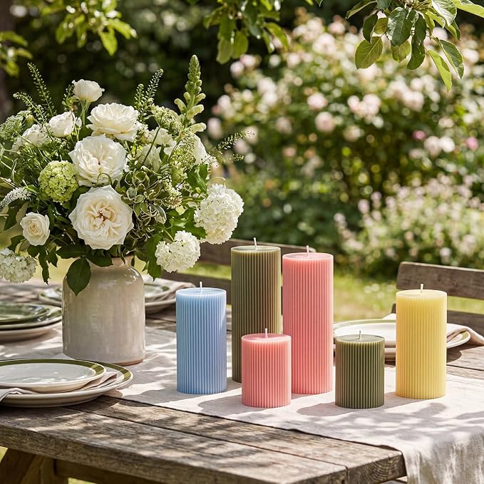 Lyrow 6 Pcs Ribbed Pillar Home Decorative Candles Aesthetic Modern Home Decor Soy Wax Unscented Pillar Candles Width 3" High 4" 6" 8" for Bathroom Living Room Wedding Dinner Party(Pastel Color)