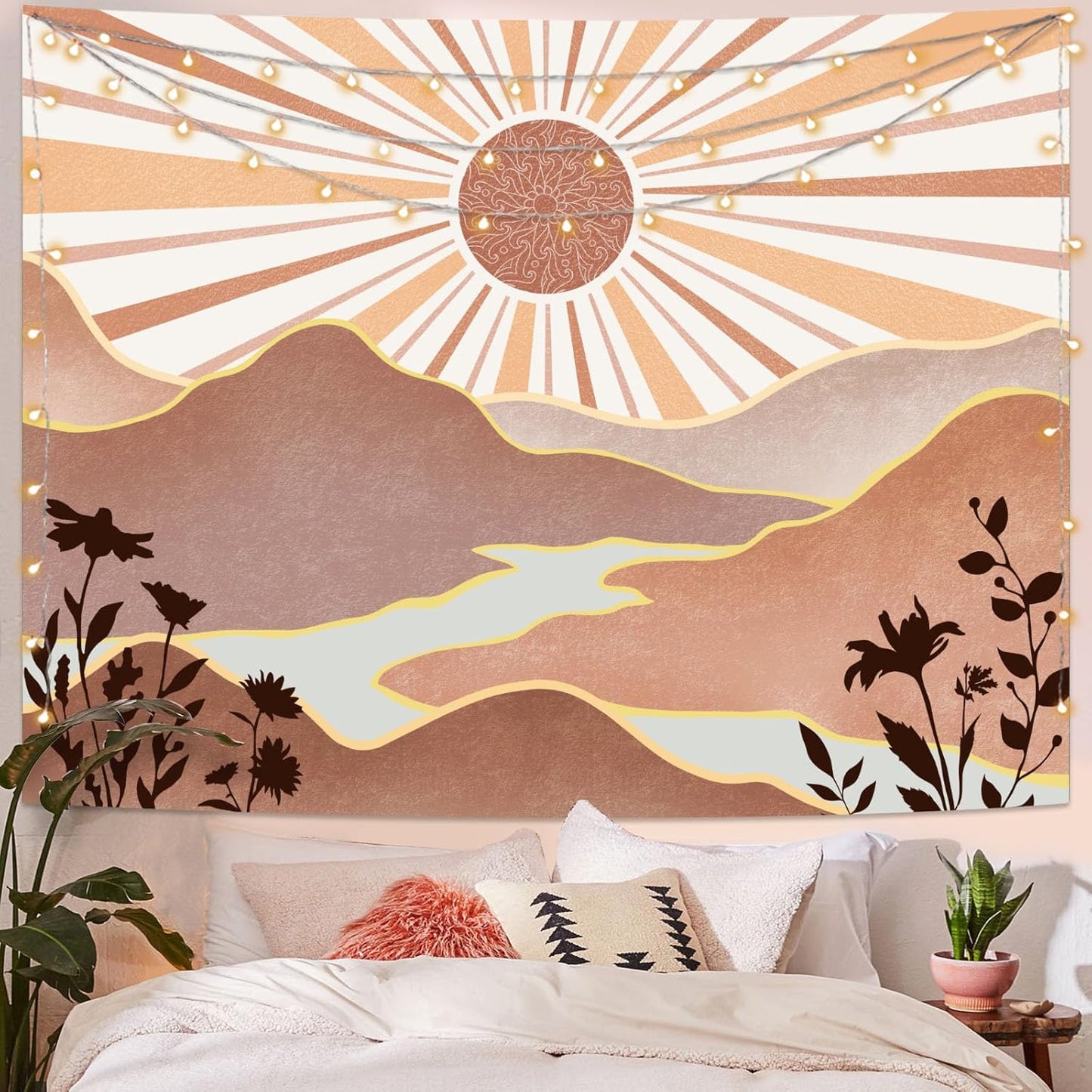 Lunerfex Boho Sun Tapestry Sunset Wall Tapestry, Mountain Tapestries for Bedroom 80s Tapestries Wall Hanging for Bedroom Living Room Decor Boho-1 60"x80"