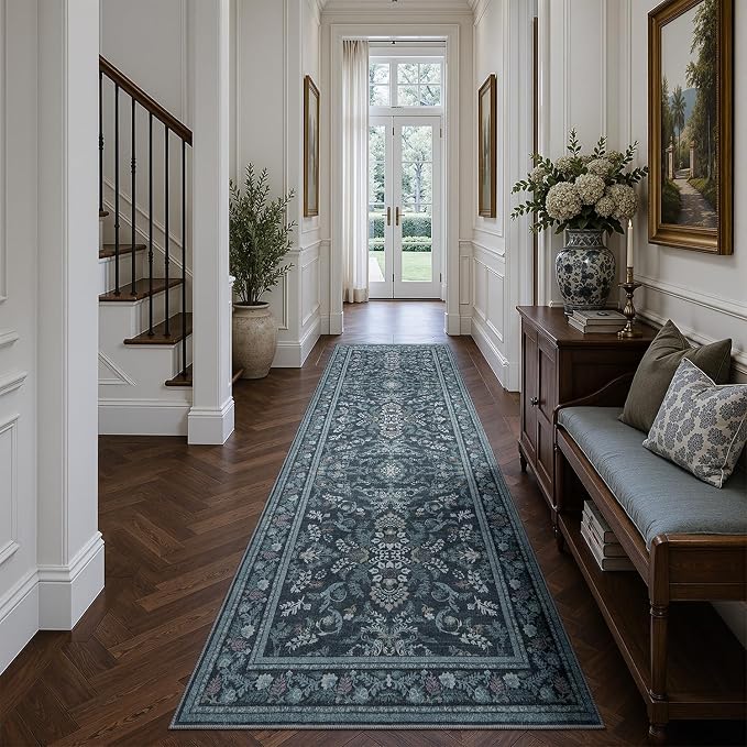DCX Washable Runner Rug 2x6, Blue Vintage Floral Hallway Rug with Non Slip Rubber Backing, Soft Low Pile Kitchen Runner Rug, Machine Washable Area Rug for Entryway, Laundry Room, Bathroom