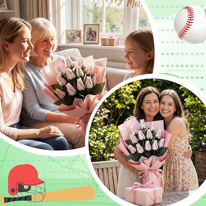 Suhine 12 Pcs Artificial Baseball Rose Flower Gifts for Mom Coach Boyfriend Girlfriend Sports Party Favors Bulk for Birthday Graduation Wedding Party Decorations Table Centerpieces(Love Color, Normal)