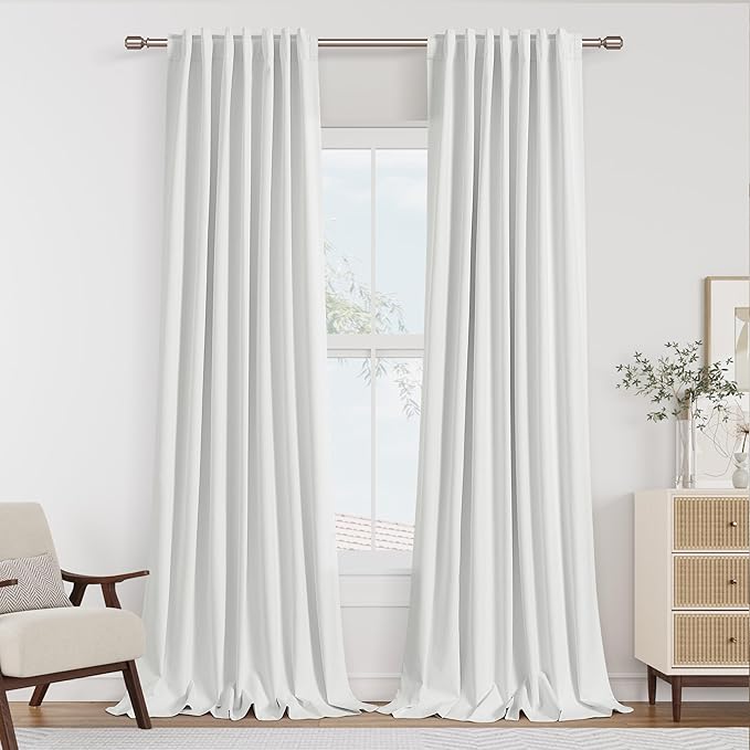 Guken White 100% Blackout Linen Curtains 52 Inch Wide by 122 Inch for Living Room Bedroom Back Tab Thermal Insulated Black Out Linen 2 Drapes Room Darkening Window Curtains