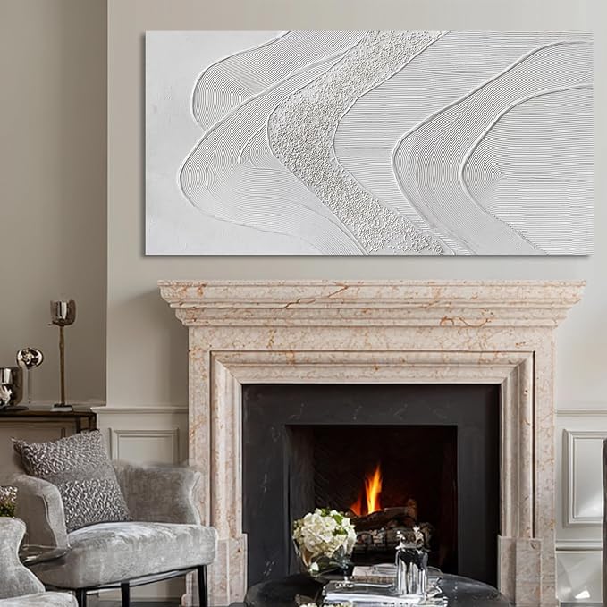 Minimalist White Abstract Wall Art, Hand Painted Textured Canvas in Neutral Beige and Cream Tones, Modern Gallery Wrapped Wall Decor for Living Room Bedroom Dinning Room, Ready to Hang, 24×48 Inch