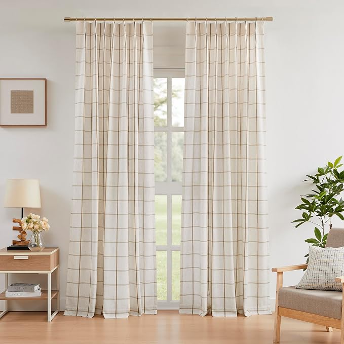 Vision Home Flax Linen Plaid Pinch Pleated Semi Sheer Curtains Checkered Light Filtering Window Panels 108 inches Long for Living Room Bedroom Rustic Pleat Drapes with Back Tab Hooks 40" Wx108 Lx2