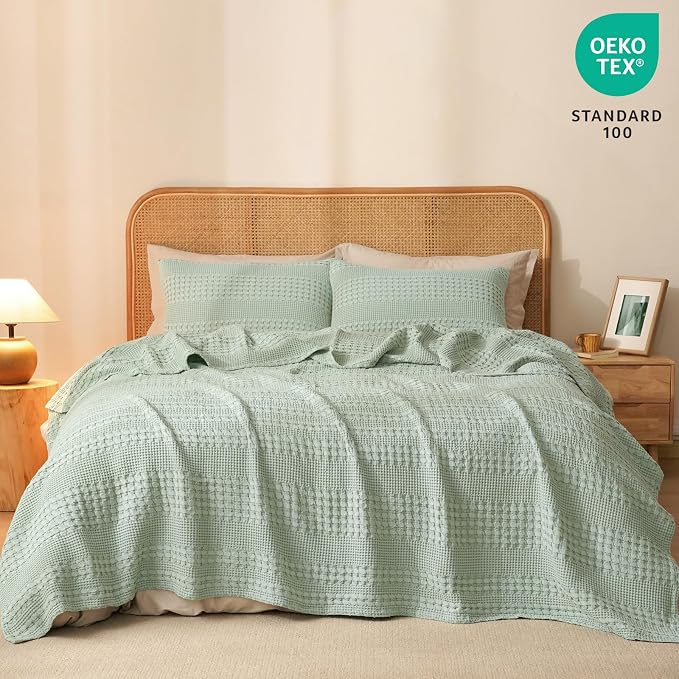PHF 100% Cotton Waffle Blanket Twin Size for College Dorm, Lightweight Breathable and Soft for Summer, Luxury Aesthetic Waffle Weave Blanket for Bed & Gifts for Women, 66"x90", Mint Green