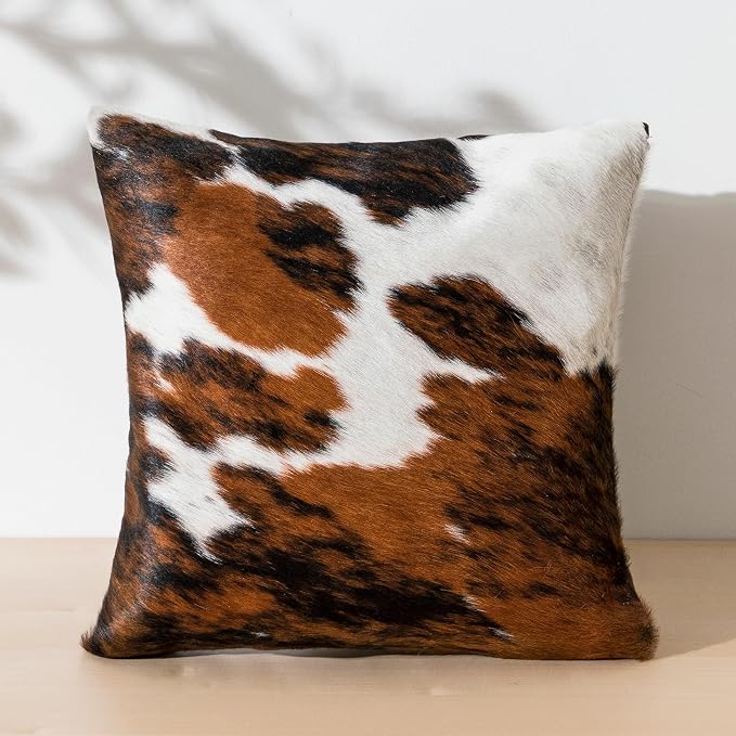ecowhides 100% Genuine Brazilian Cowhide Pillow Cover – Tricolor, Brown, Black & White – Double-Sided – Luxury Leather Decorative Cushion for Rustic & Western Home Décor – 15” x 15”