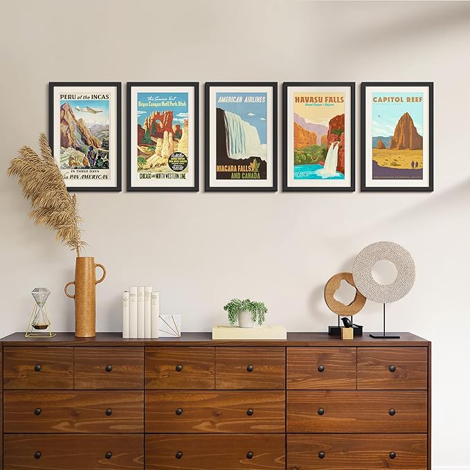 upsimples 11x17 Picture Frame Set of 5, Display Pictures 9x15 with Mat or 11 x 17 Without, Wall Gallery Poster Frames, Black