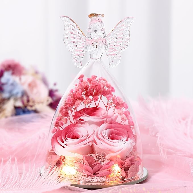 Mothers Day Rose Gifts for Women Preserved Real Flower in Glass Angel Figurines Roses for Delivery Prime Birthday Gifts for Mom Grandma Girlfriend Wife Her, Pink White