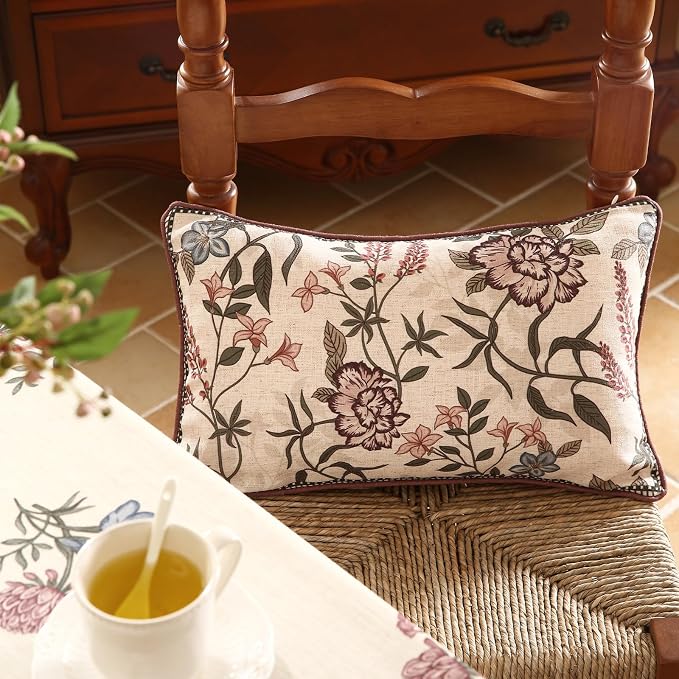 ISAENNE Designer Vintage Linen Throw Pillow Cover,20"x12"-Helena B | Elegant French Rectangle Pillow Cover,Concealed Zipper Design,Floral Pattern,Sofas,Bedroom,Living Room,Lounge Chairs