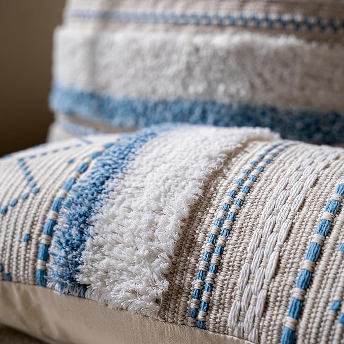 BlissBlush Decorative Throw Pillow Covers 18X18 Combo Set of 2 Square Coastal Blue Boho Accent Pillowcase Tassels Farmhouse Cushion for Couch Sofa Bedroom Living Room Home Décor Cover ONLY