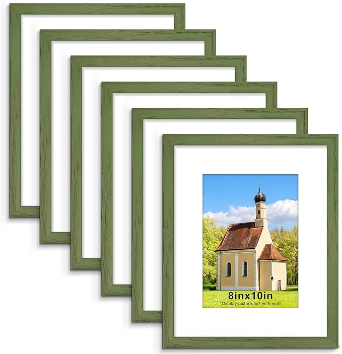 PEALSN 8x10 Picture Frame Set of 6, Display Pictures 5x7 with Mat or 8x10 without Mat for Wall Mounting or Table Top Display, Photo Frames Collage for Wall Decor, Green Woodgrain
