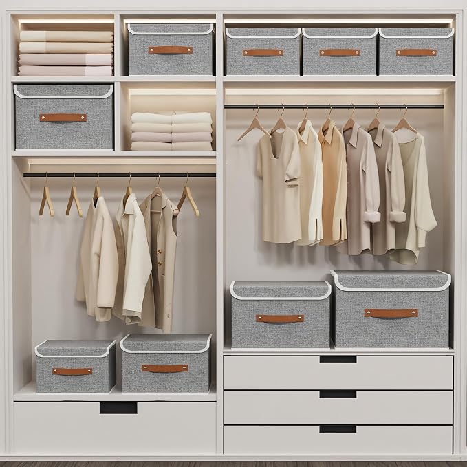 Yawinhe Collapsible Storage Box, Cube Organizer Basket, Fabric Bin with Lids, Washable and Leather Handle for Shelves, Closet, Grey, 10.2x7.9x6.7 In, 5-Pack, SNK024GN-5