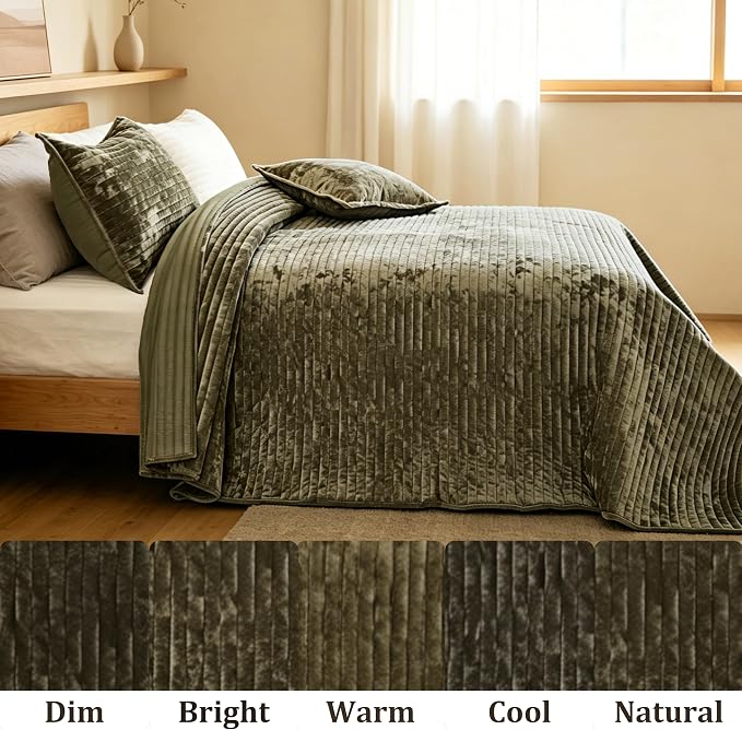 Luxury Velvet Oversized King 120x128 in Quilt Set 3 Piece Quilted Bedspread with 2Pillow Shams(20x36) Ultra Soft Coverlet All Season Bedding for Farmhouse Modern Bedroom Sofa,Army Green