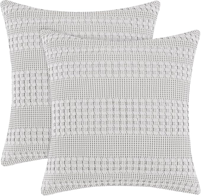 PHF 100% Cotton Waffle Weave Euro Sham Covers, 2 Pack 26" x 26" Bed Pillow Covers for Elegant Home Decor, No Filling, Luxury Aesthetic Soft Euro Pillow Cases for Bed, Light Grey