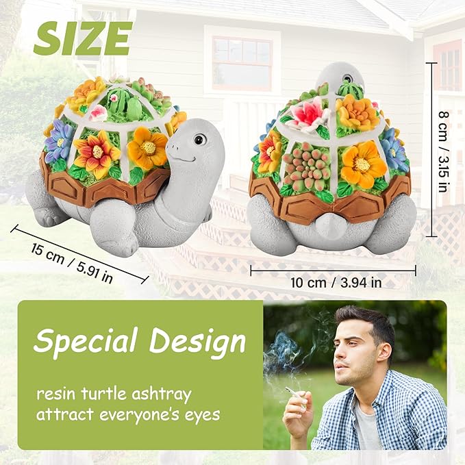 LESES Ashtray, Cute Turtle Cigarette Ashtray with Lid, Smokeless Waterproof Ash Tray Outdoor Resin Ash tray for Patio Home Office Gifts Indoor