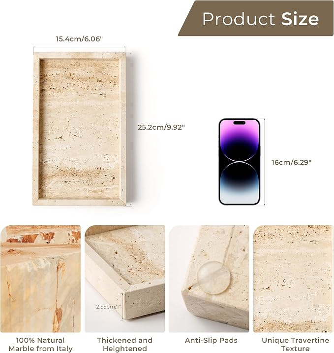 Italy Travertine Stone Vanity Tray for Jewelry, Perfume, Makeup, Candle,Natural Marble Decorative Trays for Bathroom Dresser Rectangle Kitchen Storage Organizer for Home Decor Beige (WH020)
