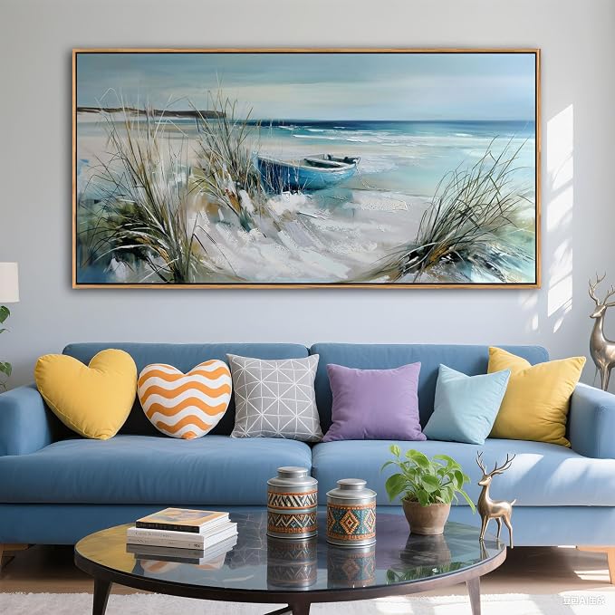 YDYSUNE Blue and White Coastal Wall Art Framed Canvas Picture - Beach Ocean Seascape Scenery Painting Artwork for Living Room,Bedroom Decoration Ready to Hang 24x48 Inches