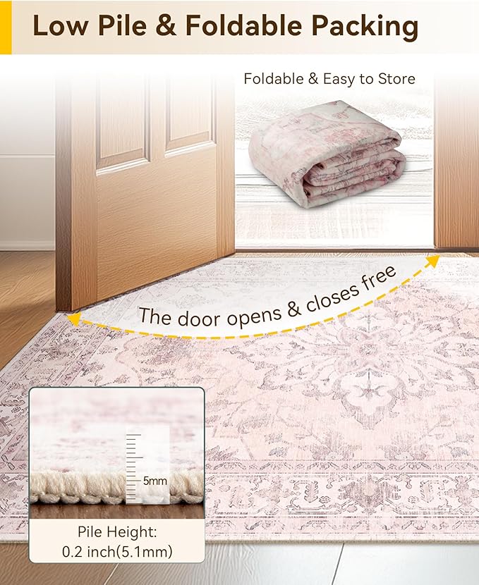RELEANY Area Rugs 3'x5' Washable Non-Slip, Floral Vintage Distress Print Pattern Medallion Carpet for Living Room Bedroom Dining Room, Pink Greypink Cute