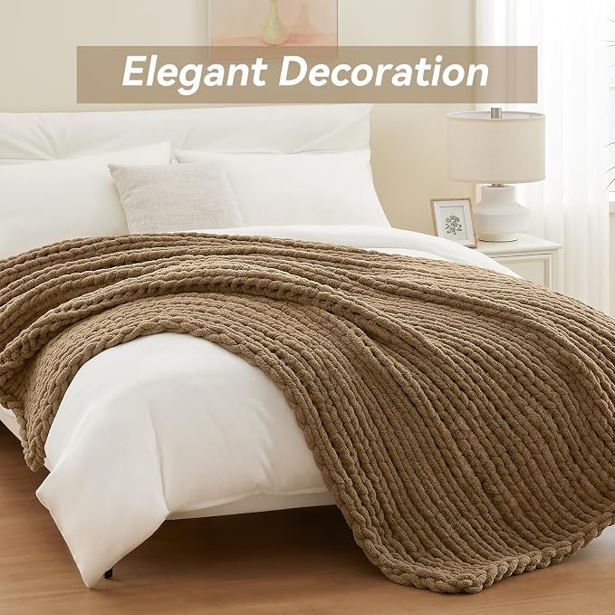 Negwoo Chunky Knit Throw Blanket, 50''*60'' Knitted Throw Chenille Yarn for Bed Couch, Handmade Light Brown Crochet Big Thick Blanket, Machine Washable Cute Comfy Blanket for Home Decor