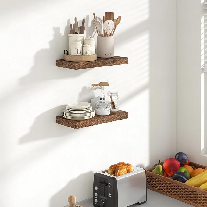 Acovy 16 Inch Floating Shelves, 8 Inch Deep Floating Shelves for Wall, Hanging Shelf with Invisible Brackets, Deep Shelves for Bathroom, Bedroom, Living Room, Brown, Set of 2