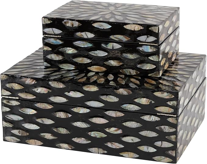 Deco 79 Mother of Pearl Shell Decorative Box Geometric Floral Decorative Keepsake Boxes with Beige Accents, Set of 2 Storage Boxes 12", 8"W, Black