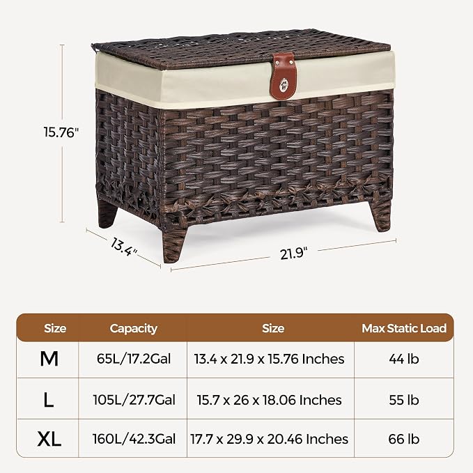 Honjourai Wicker Storage Basket with Lid,Rattan Shelf Basket with Removable Liner Bag,65L Storage Bin,Storage Trunk with Heightened Feet,Storage Container for Wardrobe,Home Organizer