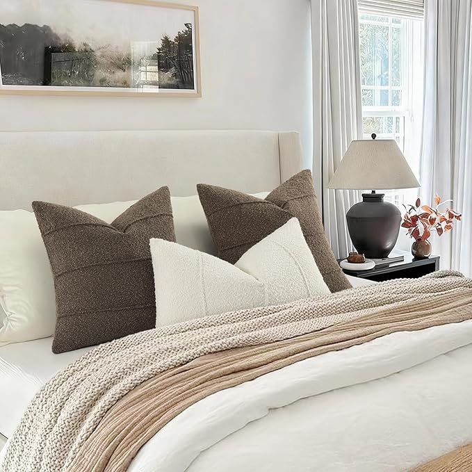 YCOLL Textured Boucle Throw Pillow Covers 18x18 Pack of 2 - Soft Neutral Striped Cushion Covers, Cozy Accent Decorative Pillow Covers for Couch, Sofa, Bed, Living Room (Brown)