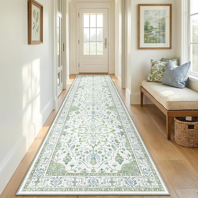 RELEANY Area Rugs 2'6''x8' Runner Rug Non Slip Washable for Kitchen Hallway Bedroom Beside Laundry Room Bathroom Rug, Floor Carpet, Green White Blue