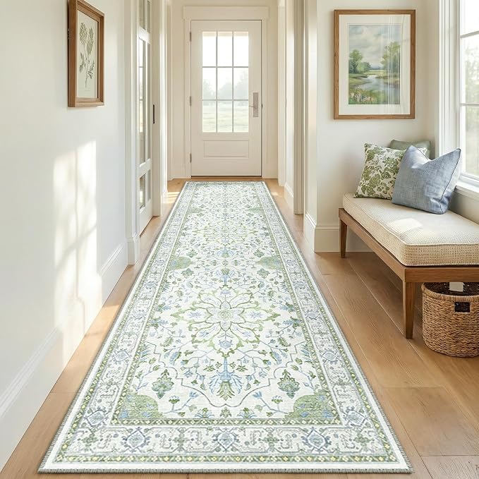 RELEANY Area Rugs Runner 2'x8' Washable Non-Slip, Floral Vintage Distress Medallion Carpet for Kitchen Hallway Bedroom Beside Laundry Room Bathroom, Green White Blue