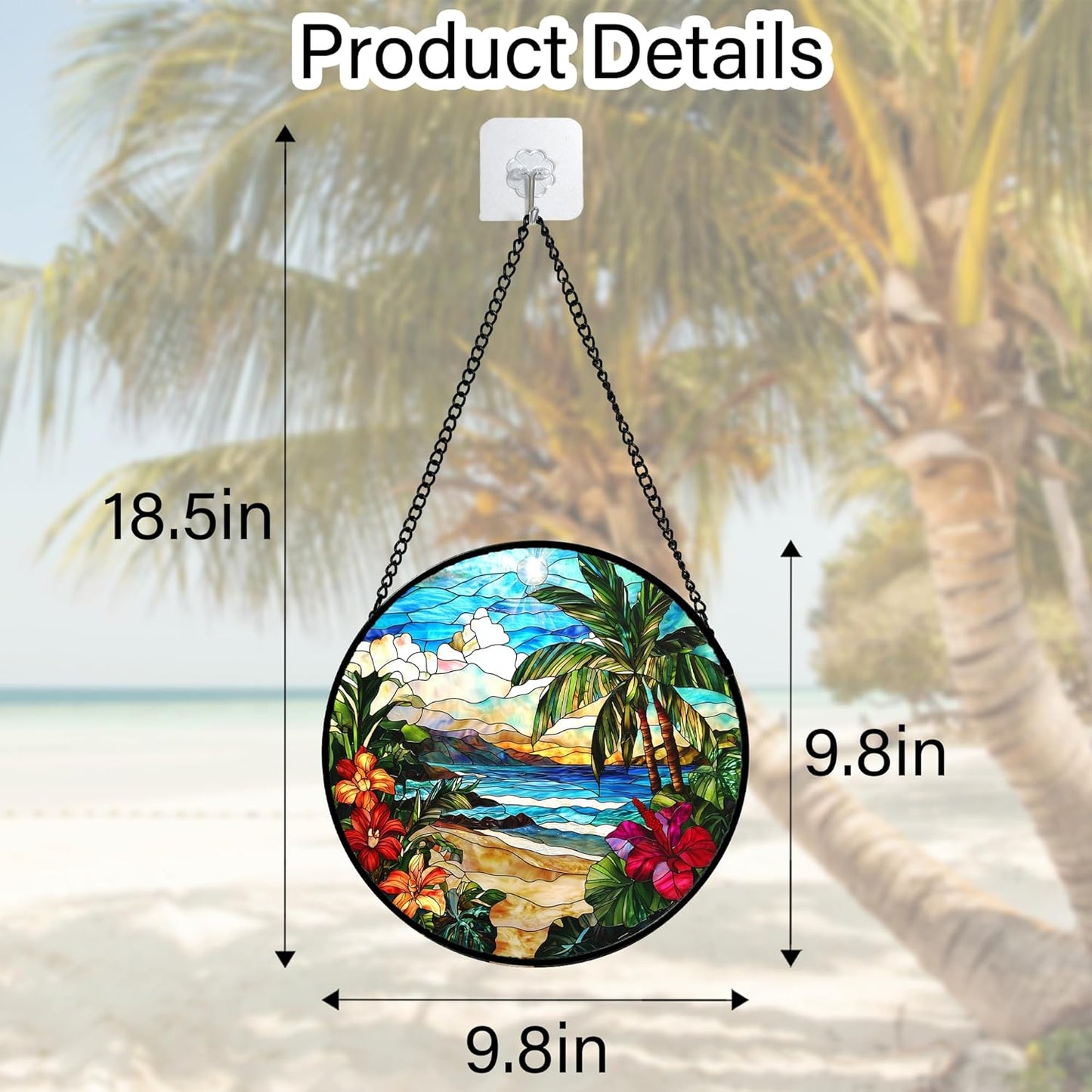 Stained Glass Window Hanging, Blue Beach Scenery Suncatcher Diamond Glass Panel Hangings Sun Catchers Decor for Birthday for Women, Men, Wife, Aunt, and Mom 9.8 in