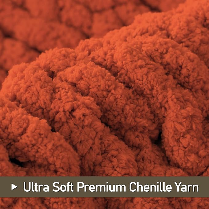 Chunky Knit Throw Blanket 60x80, 100% Handmade Chenille Yarn | 6.7lbs Soft Thick Cable Knitted Blankets, Large Rope Knot Crochet Throws for Couch Sofa Bed Thanksgiving Fall Decor, Rust