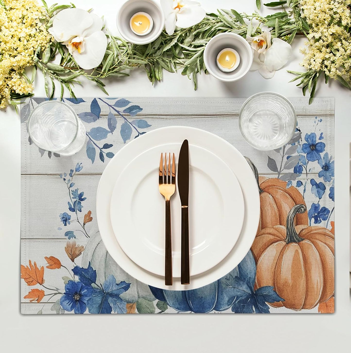 Autumn Placemats Blue Pumpkin Fall Place Mat Eucalyptus Leaves Floral Wood Grain Table Mats Thanksgiving Harvest Linen Placemat Party Kitchen Dining Decoration 12x18 Inch Set of 4
