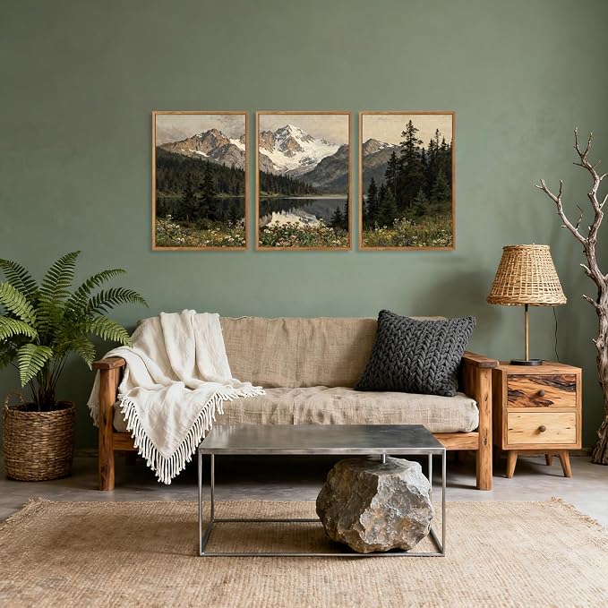 TOARTi Large Framed Snowy Mountain Forest Canvas Wall Art Set,Woodland Forest Lake Landscape Wall Decor,Modern Natural Green Wildflower Art Prints for Farmhouse Living Room Bedroom Office-16”x24”x3