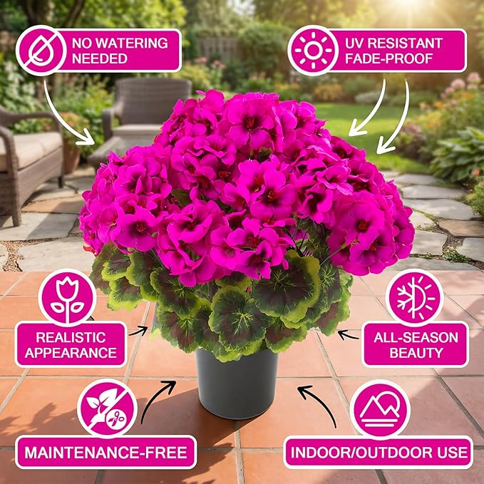 lovemoon 2Set Geranium Potted Artificial Flowers,Fake Geranium Plants for Outdoor Home Décor Office Tables Porch Garden Decor (2, Rose Red)