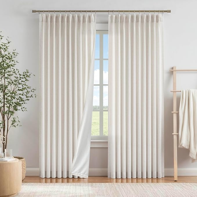 Vision Home Natural Pinch Pleated Light Filtering Curtains 60" Wx84 Lx2 | Microfiber Liner, Linen Blended, Privacy Drapes, Back Tabs with Ring Hooks, 2 Panels, for Living Room Bedroom Sliding Door