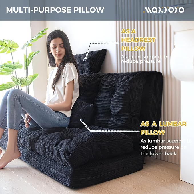 MAXYOYO Folding Sofa Bed, Tufted Bean Bag Bed with Pillows Floor Couch for Adults, Extra Thick and Long Floor Sofa, Full Floor Couch Bed for Bedroom Living Room, Black, 54x91 Inch