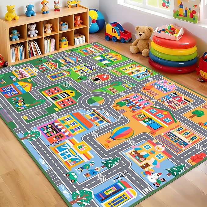 Car Rugs for Kids Room, City Life Kids Area Rugs for Bedroom Educational Learn Traffic Road Rug Decorate Nursery Toddler Classroom Preschool Living Room Playroom, 5x7 Feet