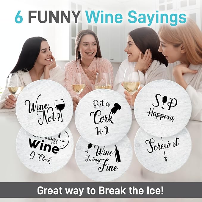 Coasters for Drinks Absorbents with Holder - 6 Pcs Gift Set with 6 Funny Sayings for Wine Lovers - Ceramic Stone with Corked Back, Unique Present for Housewarming, Living Room Decor