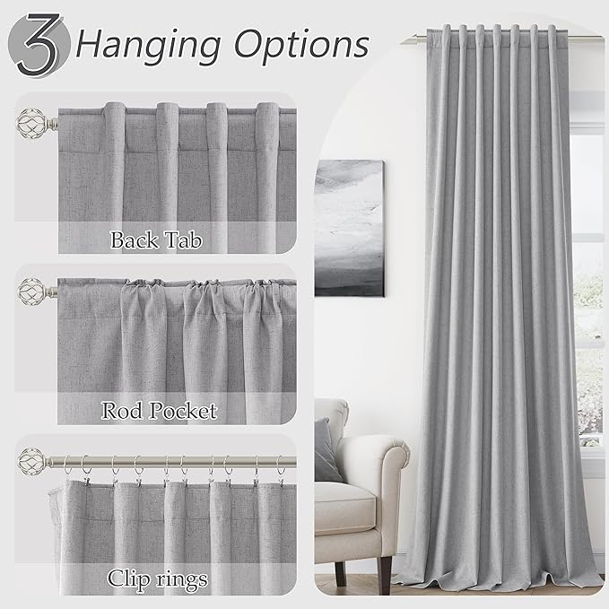 Guken Grey 100% Blackout Curtains 102 Inch Length 2 Panels Set for Living Room Bedroom Back Tab Thermal Insulated Black Out Linen Drapes Room Darkening Window Curtains 102 Inches Long