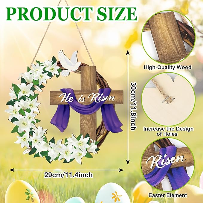 He is Risen Easter Decoration Wooden Wreaths for Front Door Sign Cross Sign Door Wall Signs, Christian Jesus Lily Flowers Ornaments Hanging Crafts for Spring Home Farmhouse Party Porch Decor
