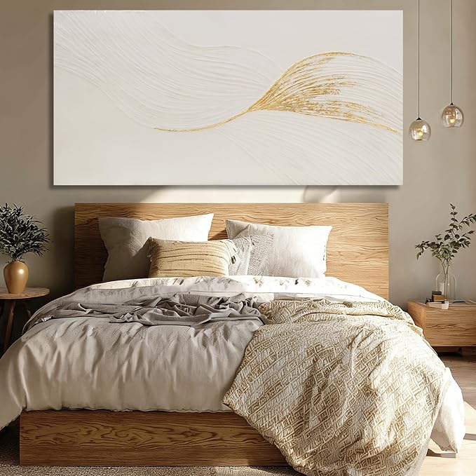 Dolidoteart Wall Art Hand Painted Oil Painting, Oversized Neutral White Gold Textured Abstract Wall Art, Long Horizontal 29x58 Inch Minimalist Wall Decor for Living Room Bedroom Above Couch
