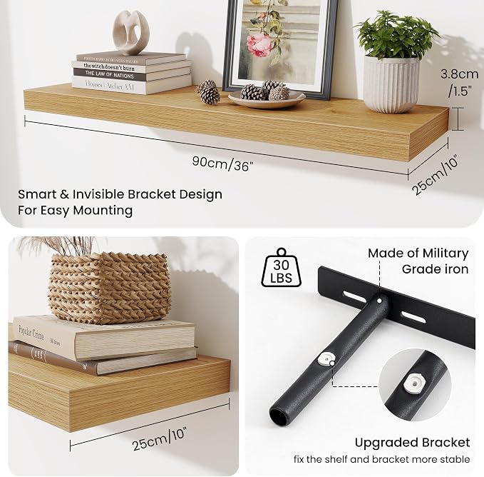 Fun Memories Floating Shelves for Wall 36 Inches, Wood Shelves with Invisible Bracket, 10" Deep Shelves Wall Mounted, Large Wood Floating Shelves for Living Room Bathroom, Oak, Set of 3