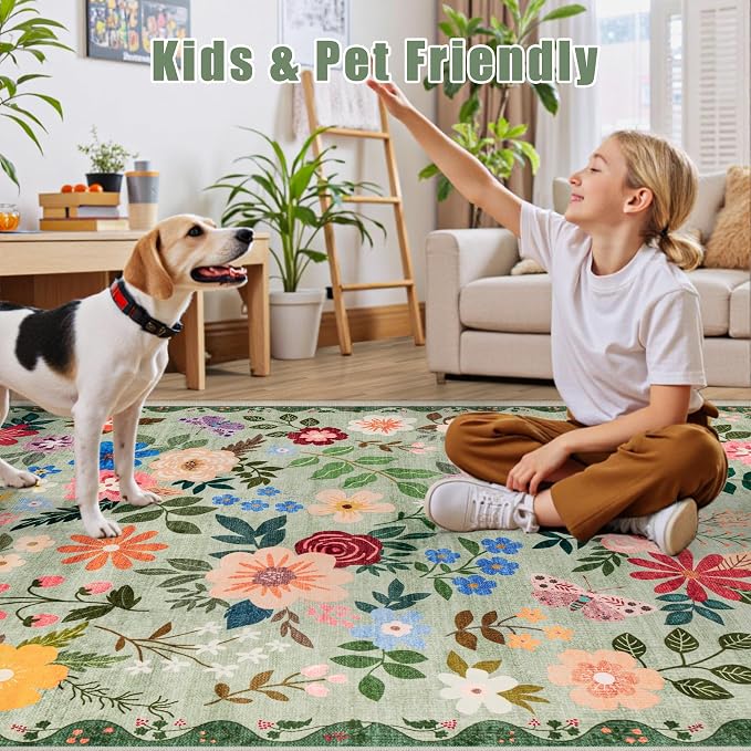 Round Area Rug for Living Room: 8 ft Floral Washable Circle Rug Soft Boho Non-Slip Carpet Indoor Floor Stain Resistant Low Pile Small Circular Rug for Bedroom Entryway Kitchen Nursery Green