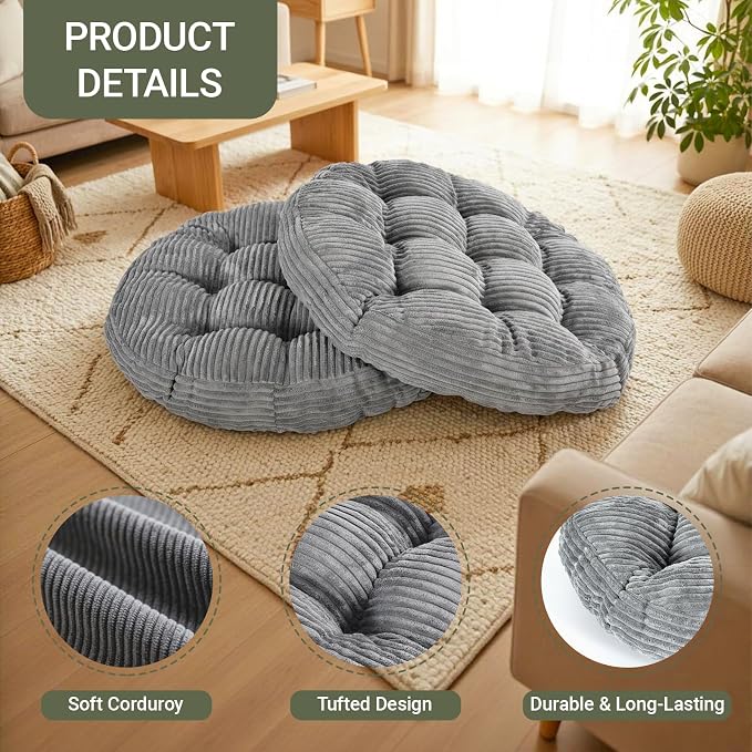 Large Floor Pillow for Adults, 22x22" Memory Foam Floor Cushion with Corduroy Cover, Round Floor Sitting Cushions for Meditation, Lounge,Seating for Yoga, Tatami Living Room (2, Round-Dark Grey)